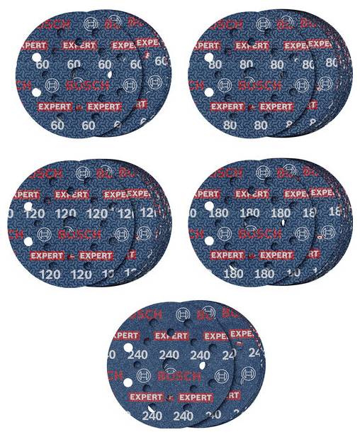 Cinq piles de disques de ponçage de différentes granulométries (60, 80, 120, 180, 240) de Bosch, bleus avec des inscriptions rouges et blanches.