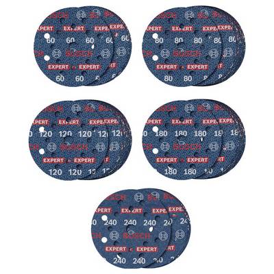 Cinq piles de disques de ponçage de différentes granulométries (60, 80, 120, 180, 240) de Bosch, bleus avec des inscriptions rouges et blanches.