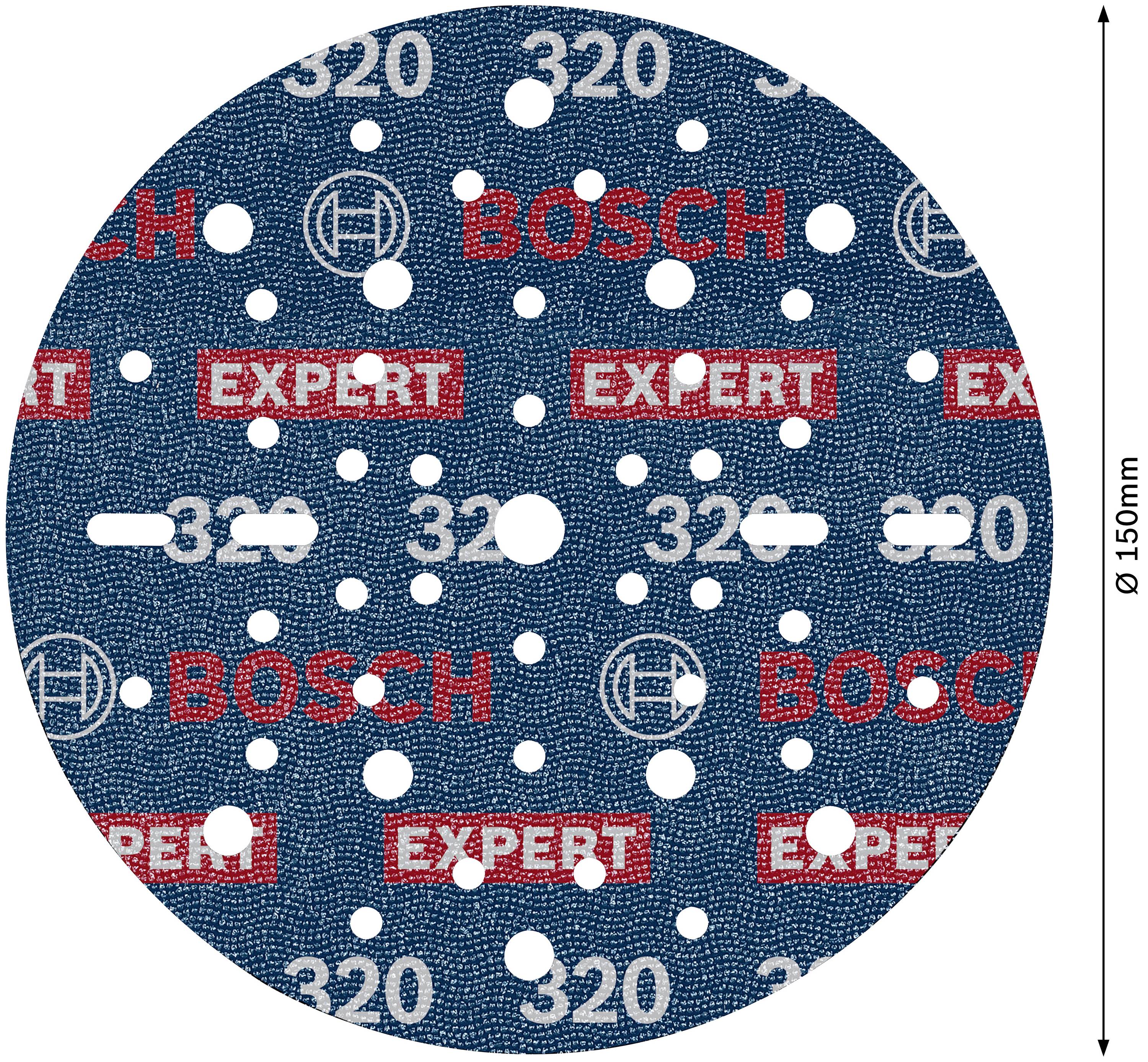 Une feuille abrasive circulaire de 150 mm de diamètre, marquée 'Bosch', 'Expert' et le numéro de grain '320', perforée uniformément.