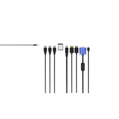 Différents types de câbles sont disposés côte à côte : audio 3,5 mm, trois ports USB, carte microSD, Ethernet, HDMI, VGA, USB-C.