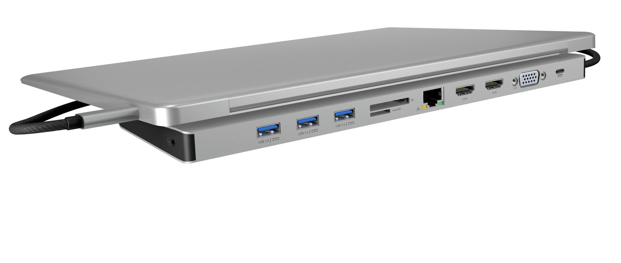 Station d'accueil pour ordinateur portable en argent avec ports USB, Ethernet, HDMI et lecteurs de cartes. Design épuré et élégant.