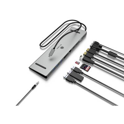 Un hub USB multiport avec plusieurs ports, dont USB, HDMI et Ethernet, à côté duquel se trouvent différents câbles et cartes mémoire branchés.