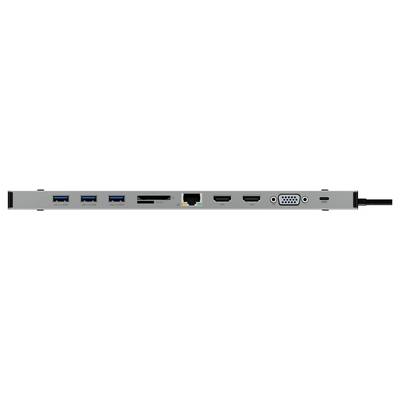 Une station d'accueil grise pour ordinateur avec différents ports : trois ports USB 3.0, lecteur de carte SD, Ethernet, HDMI, VGA, Audio.