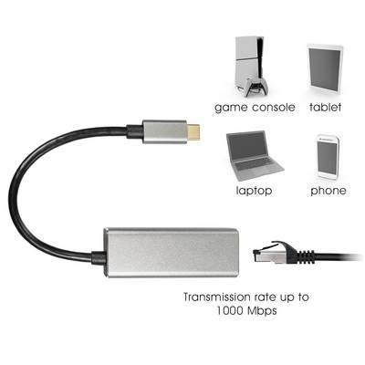 Câble adaptateur USB-C vers Ethernet, compatible avec console de jeu, tablette, ordinateur portable et téléphone. Débit de transfert jusqu'à 1000 Mbps.