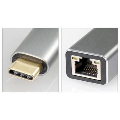 Un gros plan du connecteur USB-C et du port Ethernet d'un adaptateur.