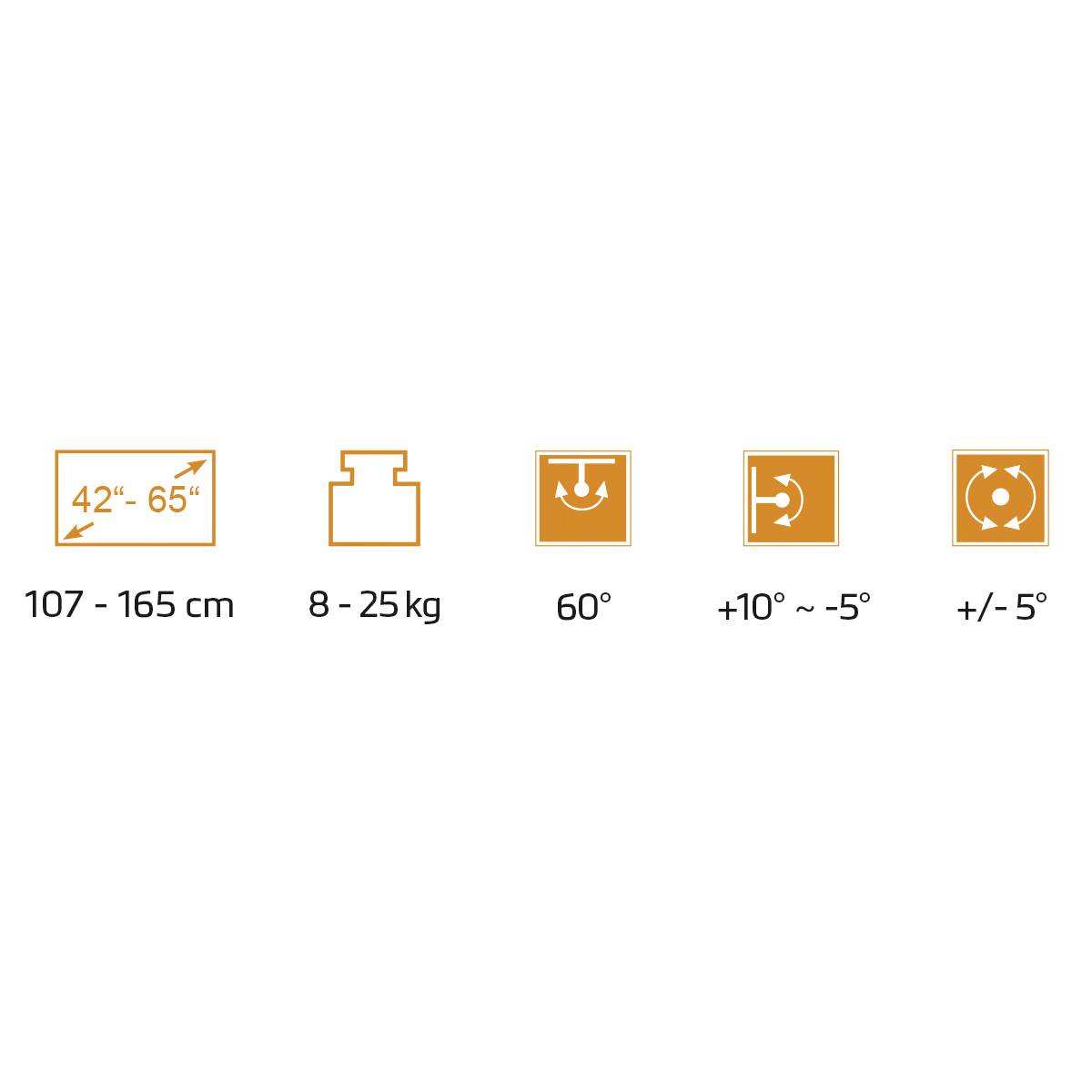 Les symboles indiquent les spécifications pour la taille de l'écran (42"-65"), le poids (8-25 kg), l'angle d'inclinaison (60°) et les tolérances de mouvement (+10°/-5°).