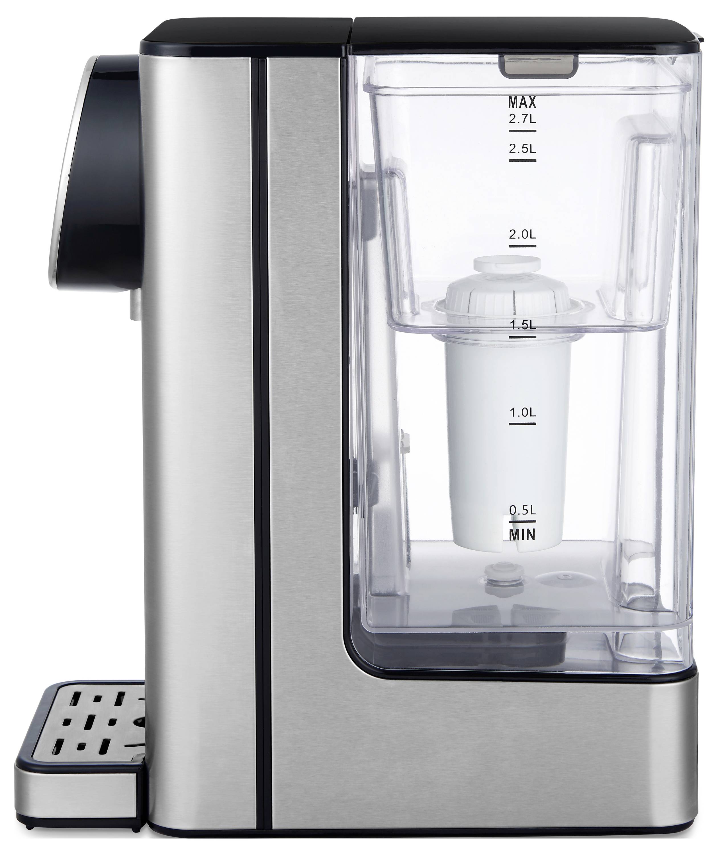 Appareil de filtration d'eau en acier inoxydable avec réservoir d'eau transparent et cartouche filtrante. Les échelles de mesure indiquent les niveaux de remplissage minimal et maximal.