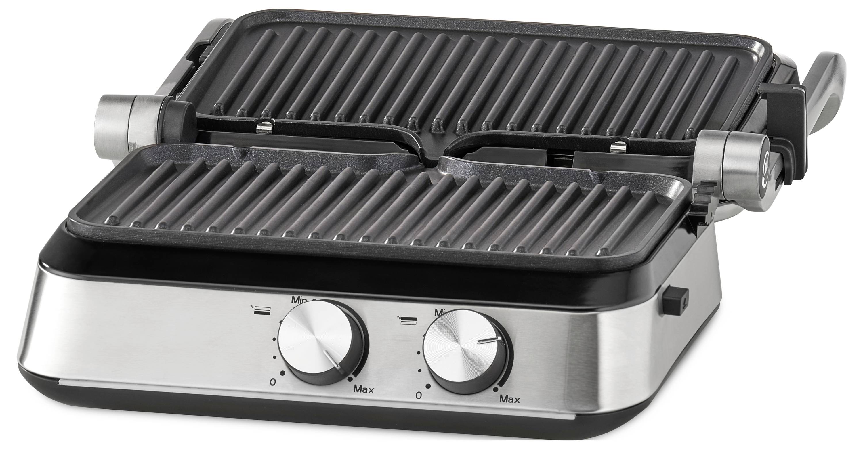 Grill électrique avec plaques ouvertes et deux boutons rotatifs pour le réglage de la température. Idéal pour griller à table.