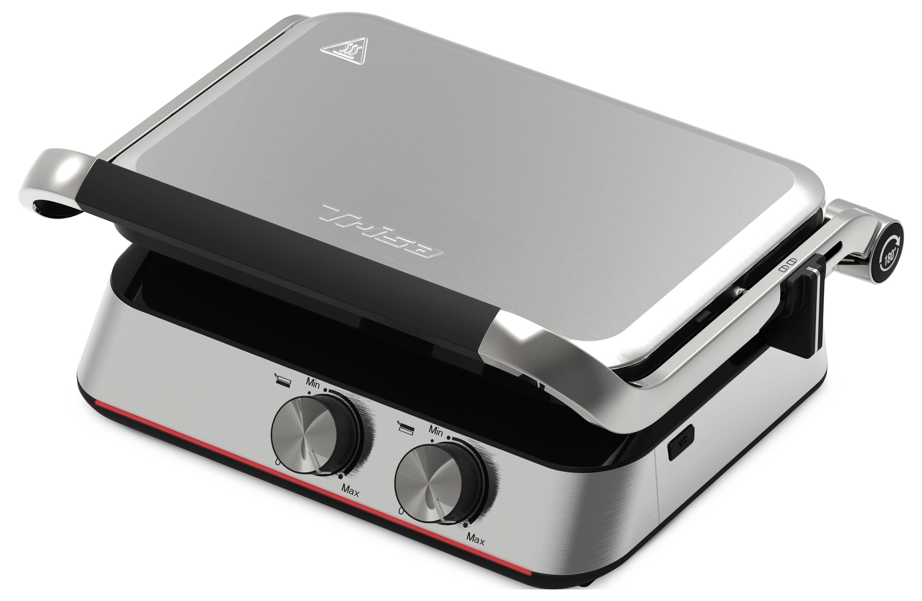 Grill double contact en acier inoxydable avec deux régulateurs de température et une poignée, adapté pour griller des aliments dans une cuisine.