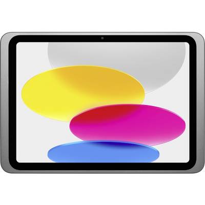 Tablette avec un écran affichant des formes ovales colorées en jaune, rose, blanc et bleu. Adaptée pour des contenus créatifs ou liés au design.
