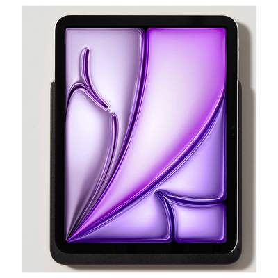 Une tablette avec un fond d'écran abstrait de couleur lilas, représentant des lignes et des formes courbes.