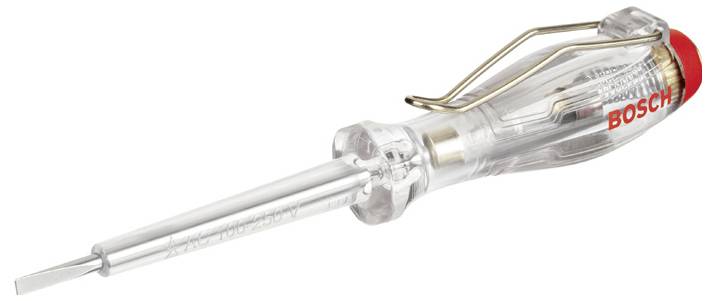 Un testeur de tension transparent avec une poignée rouge et un clip métallique portant l'inscription 'Bosch', utilisé pour vérifier la tension électrique.