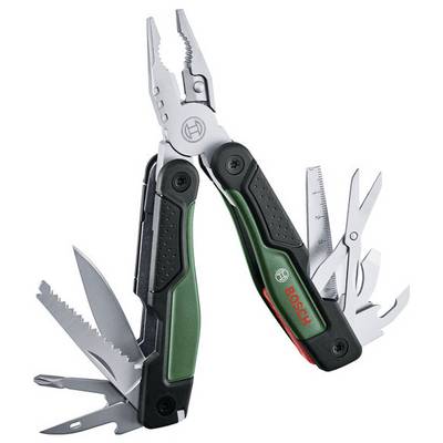 Outil multifonction avec pinces ouvertes et différents outils, dont un couteau, un tournevis et des ciseaux. Adapté pour des utilisations polyvalentes.