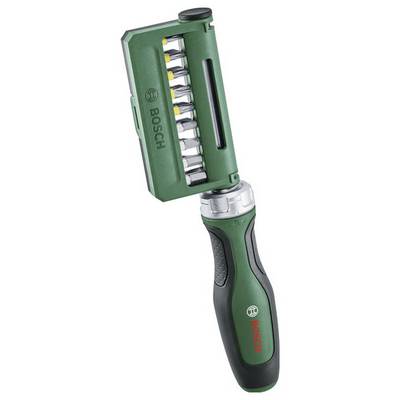 Tournevis Bosch vert avec jeu d'embouts intégré. La poignée est ergonomiquement conçue. Nom de marque visible sur la poignée et le jeu d'embouts.