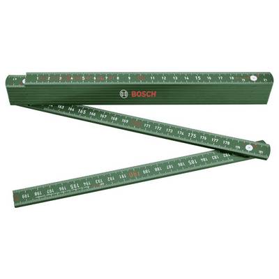 Un mètre pliant vert avec des marquages rouges et blancs, déplié. Le nom de marque 'BOSCH' est visible au centre.