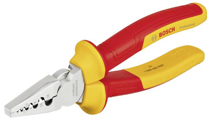 Pince coupante isolée avec poignées rouge et jaune, nom de marque 'Bosch' sur le côté. Adaptée aux travaux sous tension.