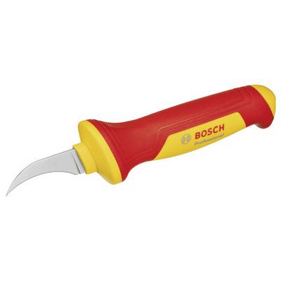 Couteau à dénuder avec poignée rouge et jaune, portant l'inscription 'BOSCH Professional'. Principalement utilisé pour dénuder les câbles.