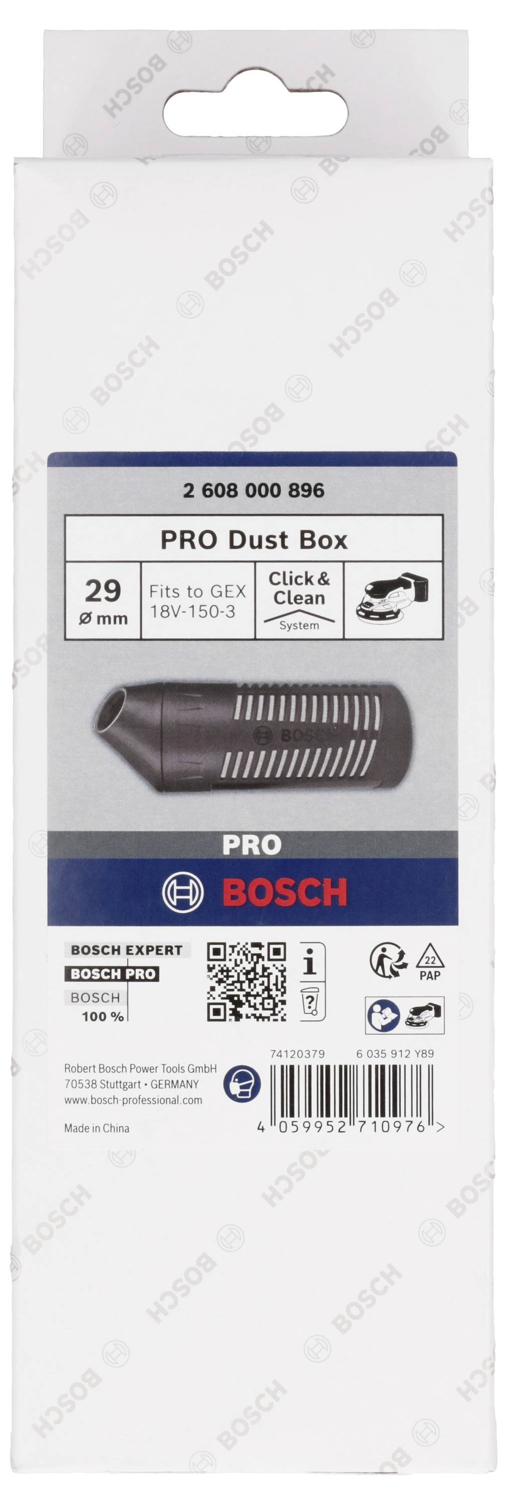 'PRO Dust Box', compatible avec GEX 18V-150-3, montre une image de l'accessoire. Fabricant : Bosch. Contient un code QR et les détails du produit.