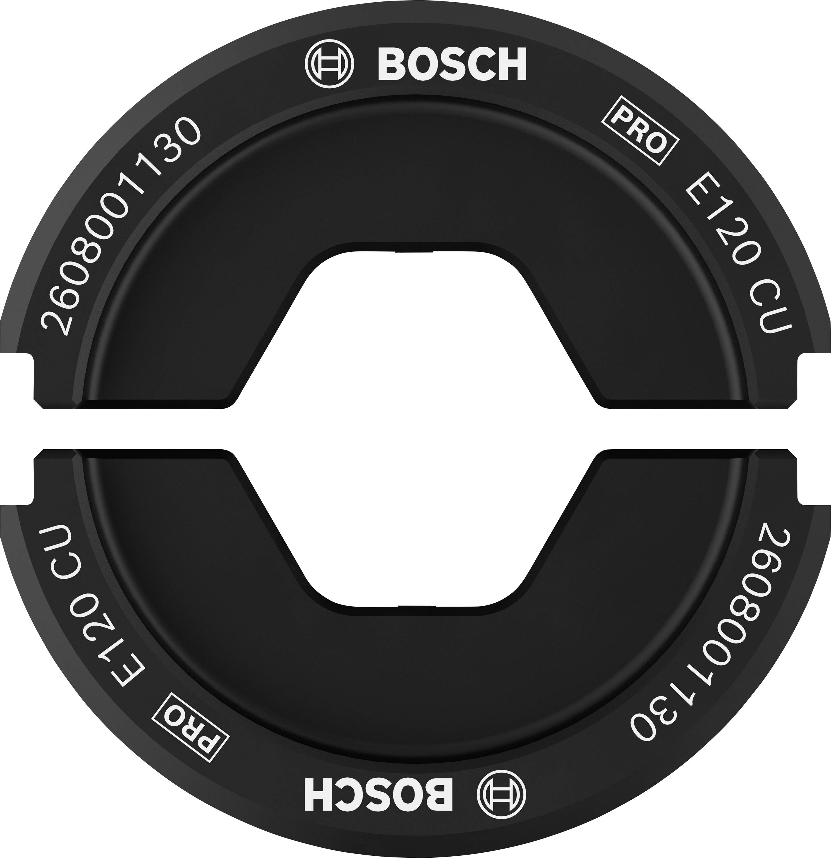 L'illustration montre un capuchon de protection Bosch portant l'inscription 'PRO E120 CU'. Il est rond et présente une découpe centrale.