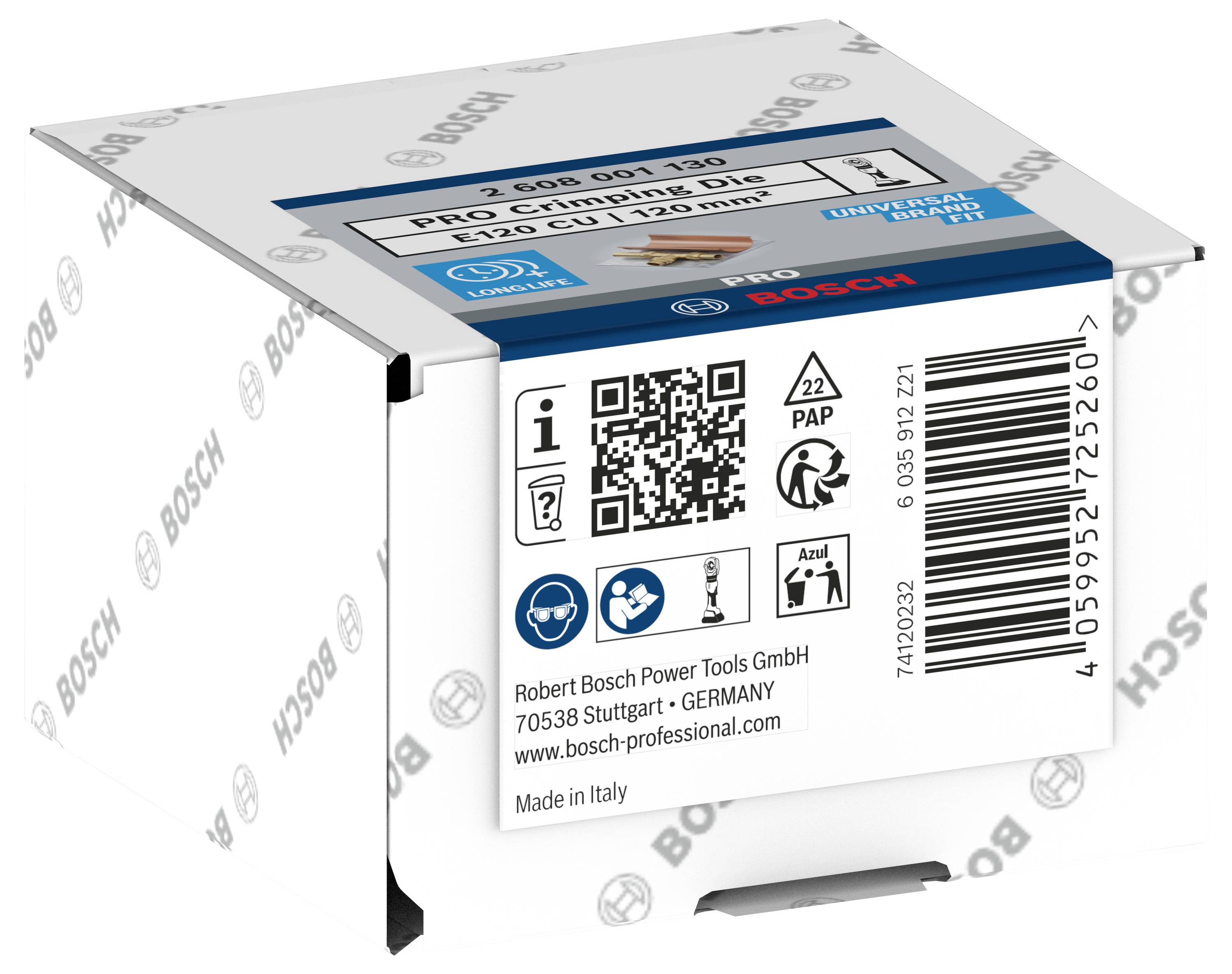 Emballage carton d'un accessoire d'outillage Bosch. L'étiquette contient un code-barres, des symboles de recyclage et l'adresse du fabricant à Stuttgart.