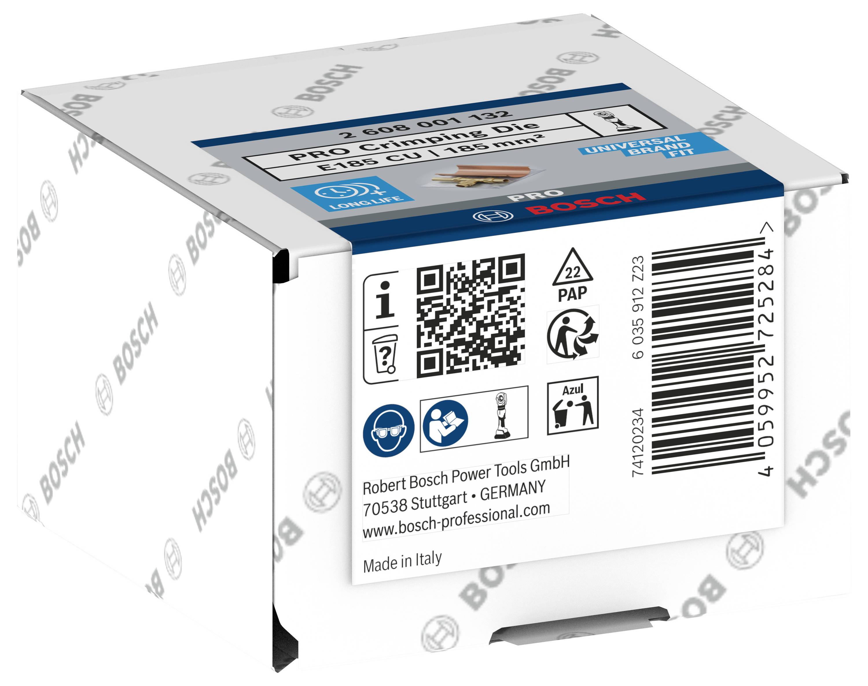 Emballage d'un disque à chanfreiner Bosch Pro. Contient un code QR, des codes-barres et un symbole de recyclage. Fabriqué à Stuttgart, Allemagne.
