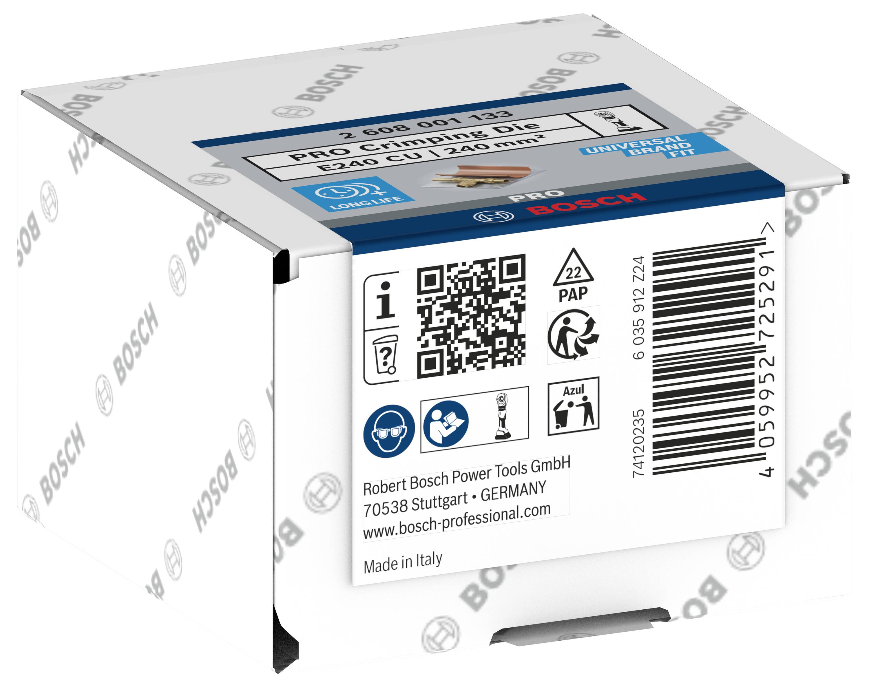 Emballage d'un disque de nettoyage Bosch Pro avec code QR, code-barres et informations de fabrication. Fabriqué en Italie.