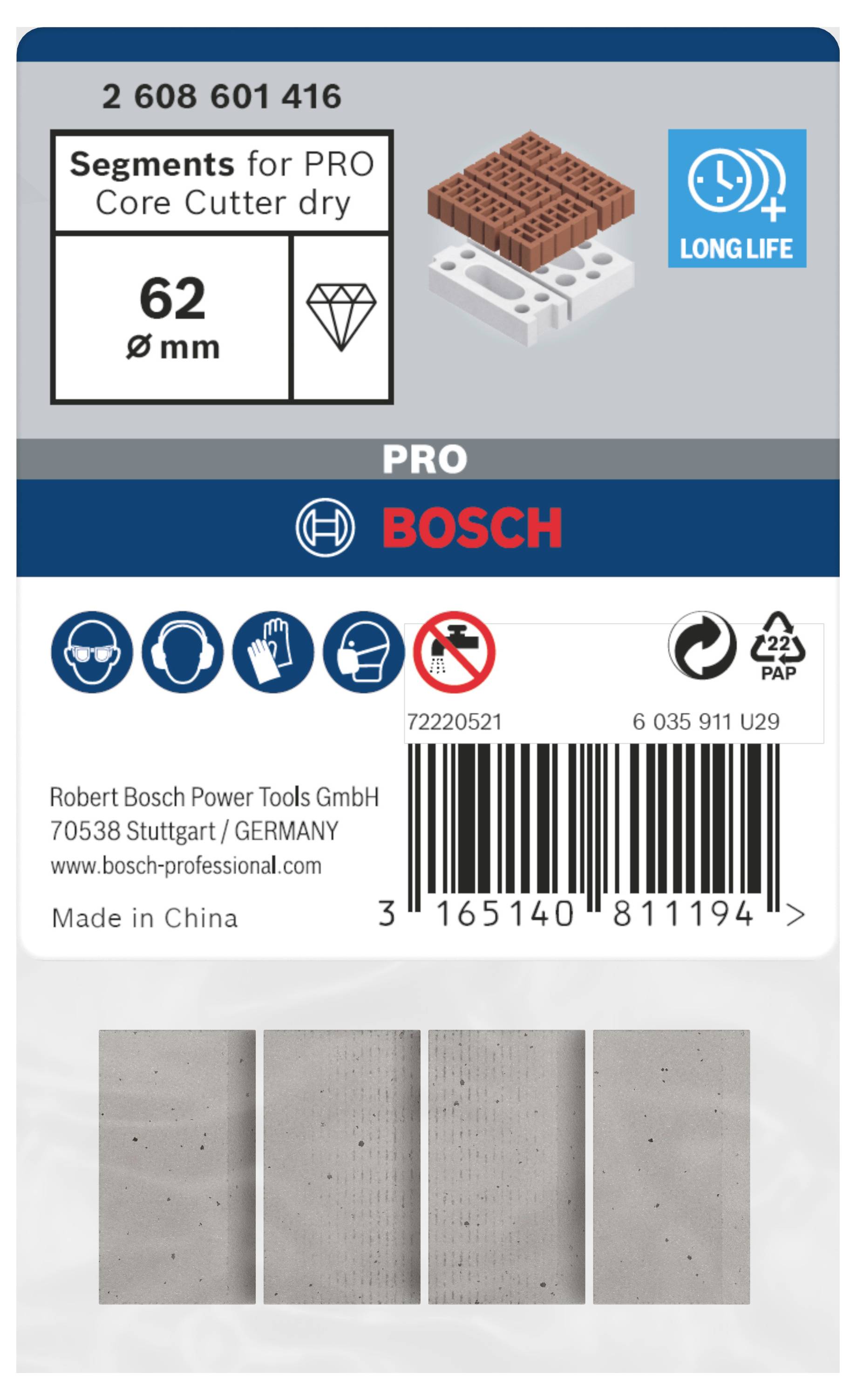 Emballage 'Bosch' pour segments de forets à couronne secs, diamètre 62 mm, avec symboles pour longue durée de vie et obligation de port de lunettes de protection.