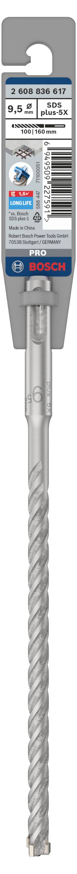 Foret avec emballage gris, texte 'SDS plus-5X Bosch'. Long avec un motif en spirale sur la tige, adapté aux travaux en béton.