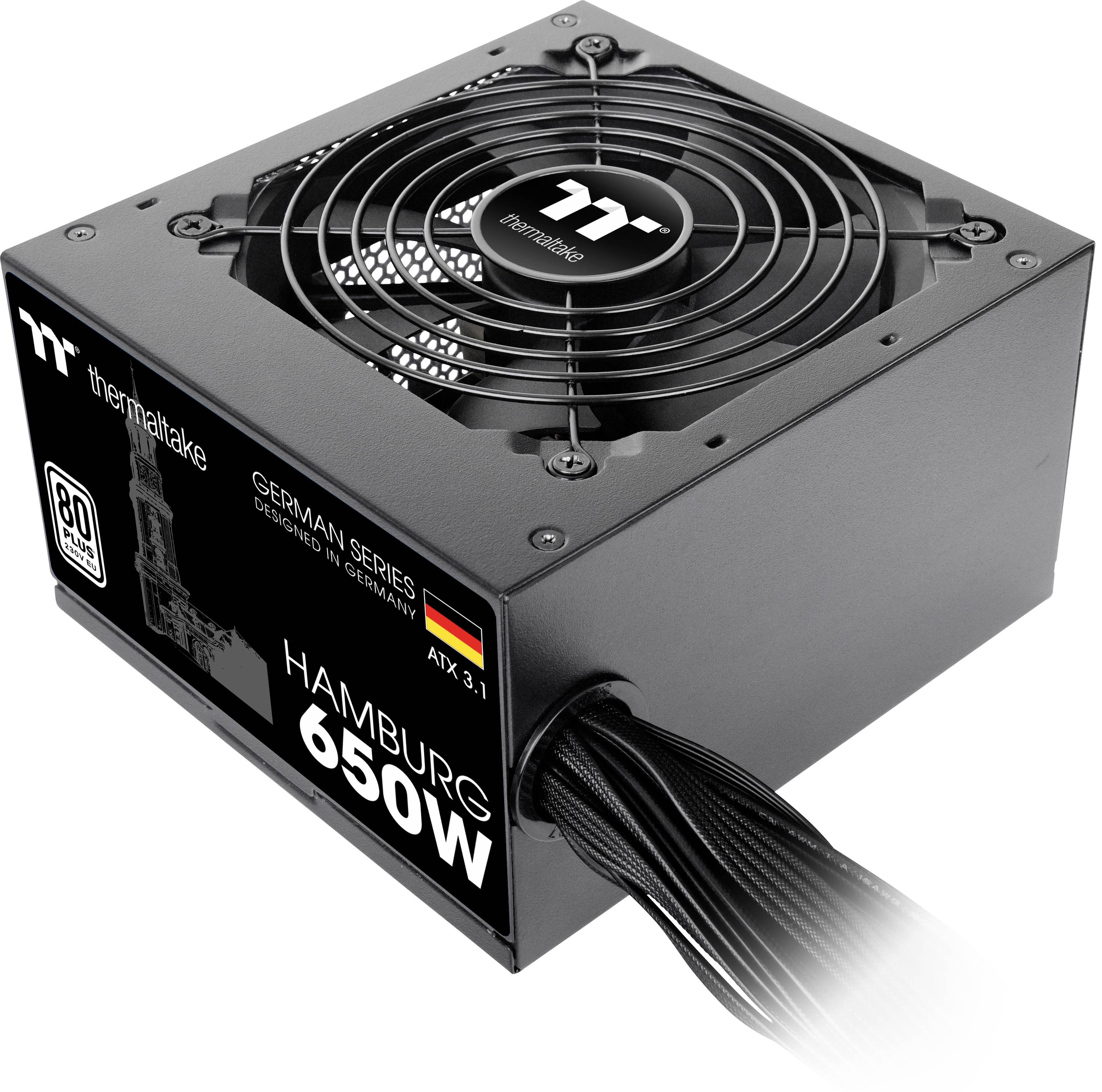 Bloc d'alimentation 'Hamburg 650W' de Thermaltake. Présente le ventilateur et les connexions de câbles. Fait partie de la série German, certifié 80 PLUS.