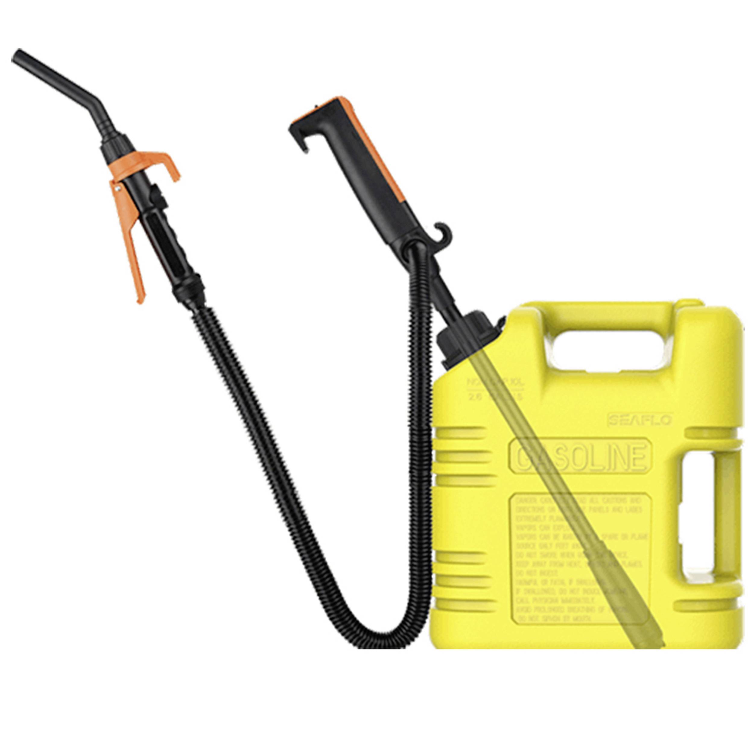 Bidon d'essence jaune avec pistolet de distribution et tuyau, adapté au transport et à la distribution sécurisés de carburant.