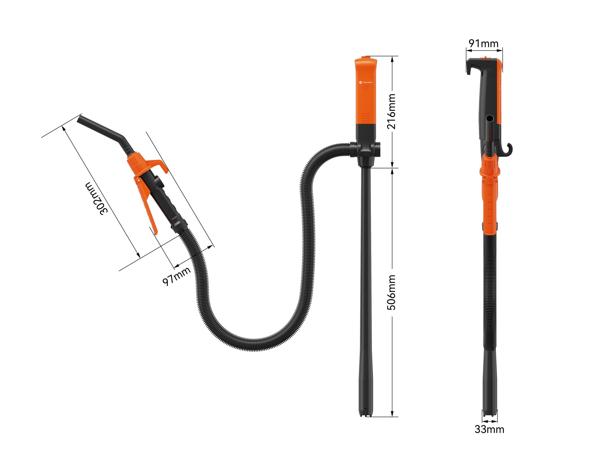 Pompe manuelle avec tuyau en forme de S, longueur 500 mm et largeur 91 mm, montrant les dimensions et le design. Adaptée pour pomper des liquides.