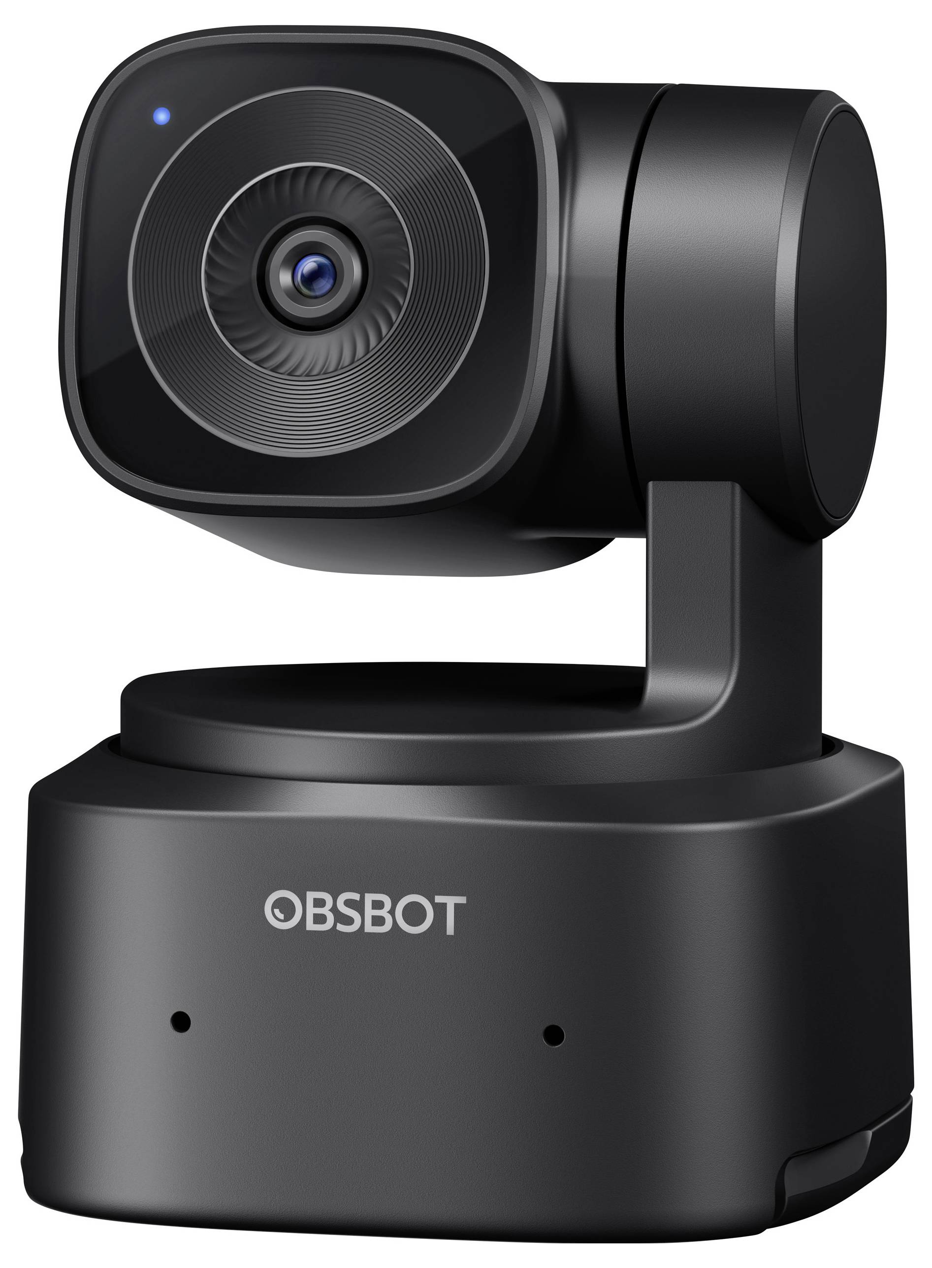 Webcam noire avec objectif rond et pied pivotant, logo de marque 'OBSBOT' à l'avant.