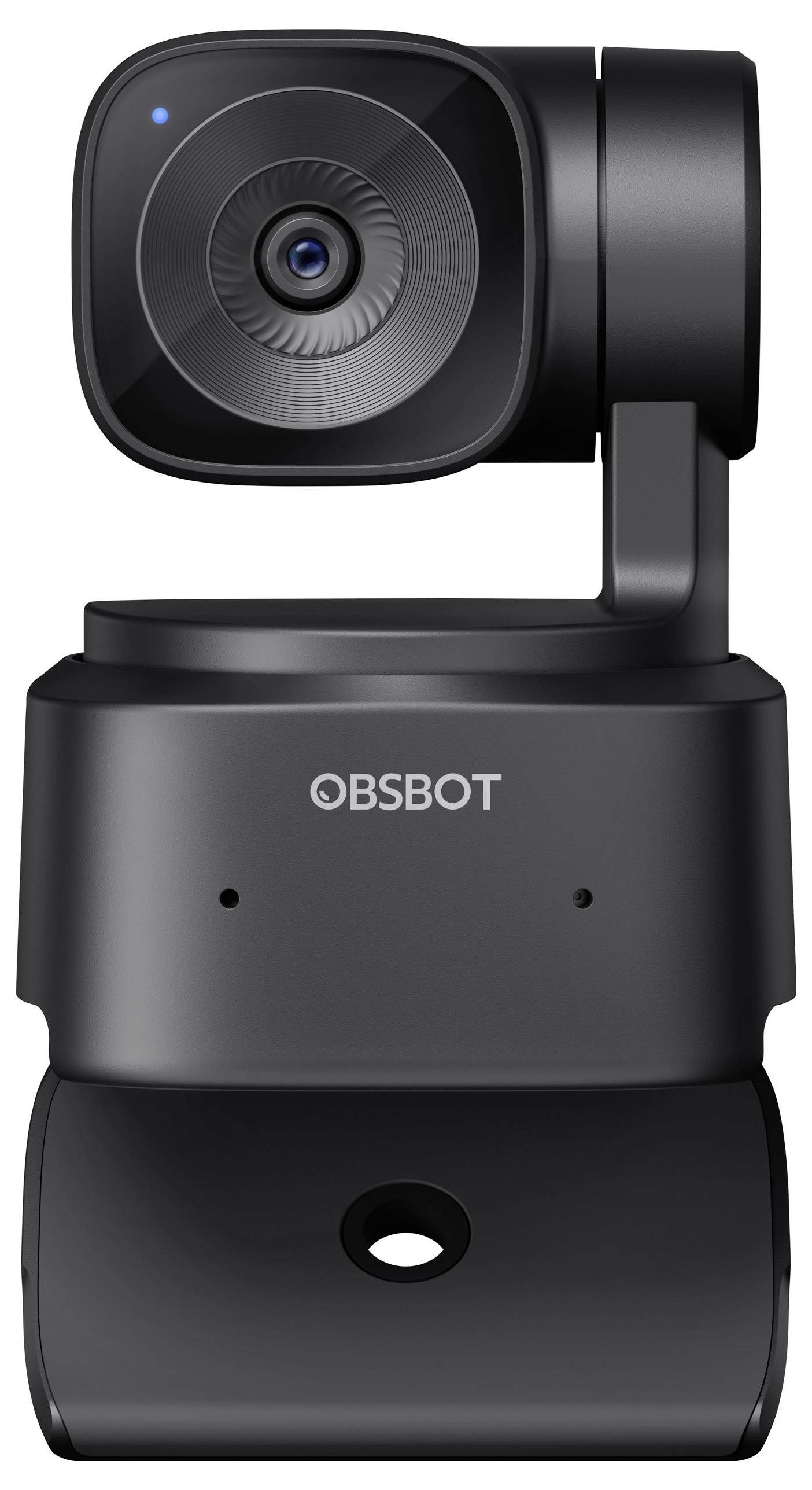Webcam noire avec microphone intégré et objectif mobile de la marque 'OBSBOT', adaptée aux visioconférences.