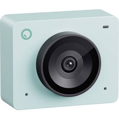 Une caméra d'action vert menthe avec un grand objectif, adaptée aux prises de vue en mouvement.