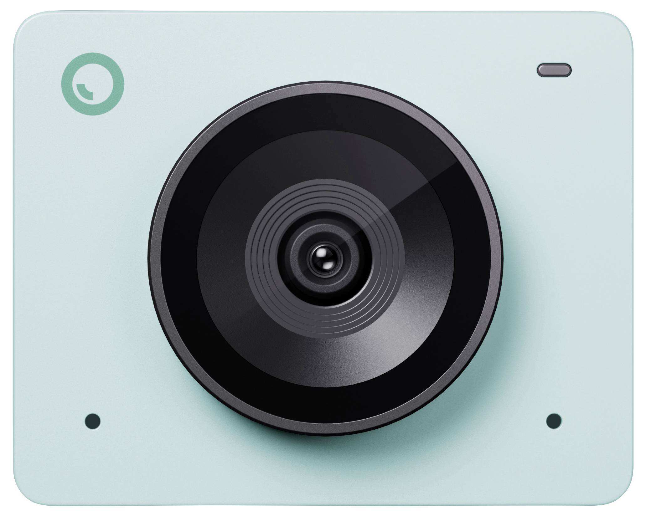 Un appareil photo vert menthe avec un grand objectif rond au centre, entouré de deux petits boutons à points.