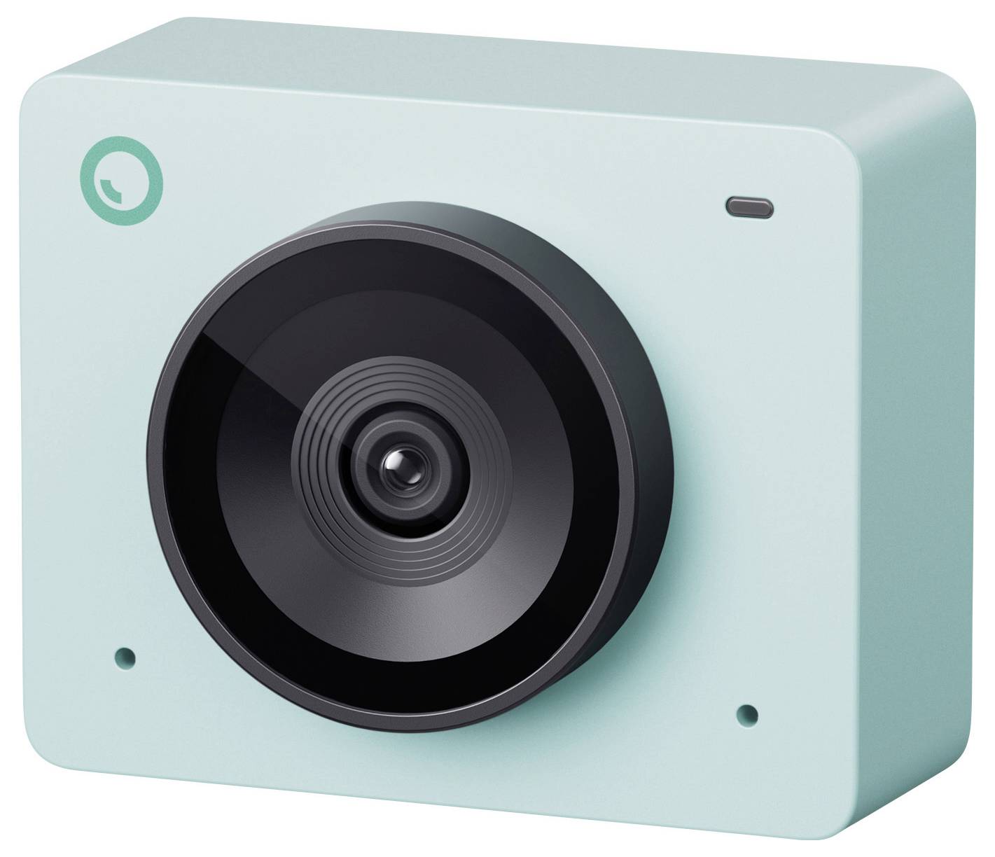 Une caméra cubique de couleur turquoise avec un grand objectif au centre, adaptée aux enregistrements vidéo ou au streaming en intérieur.
