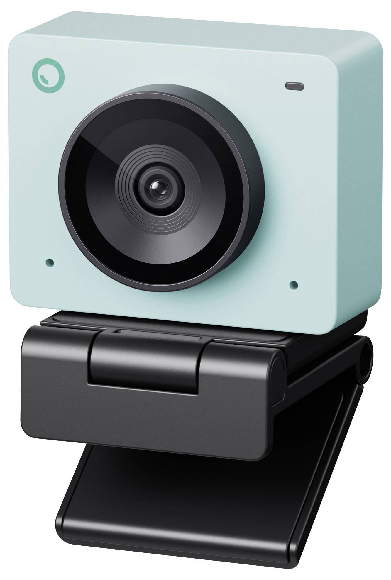 Une webcam moderne avec un boîtier vert menthe et un socle noir. Idéale pour les appels vidéo ou le streaming.