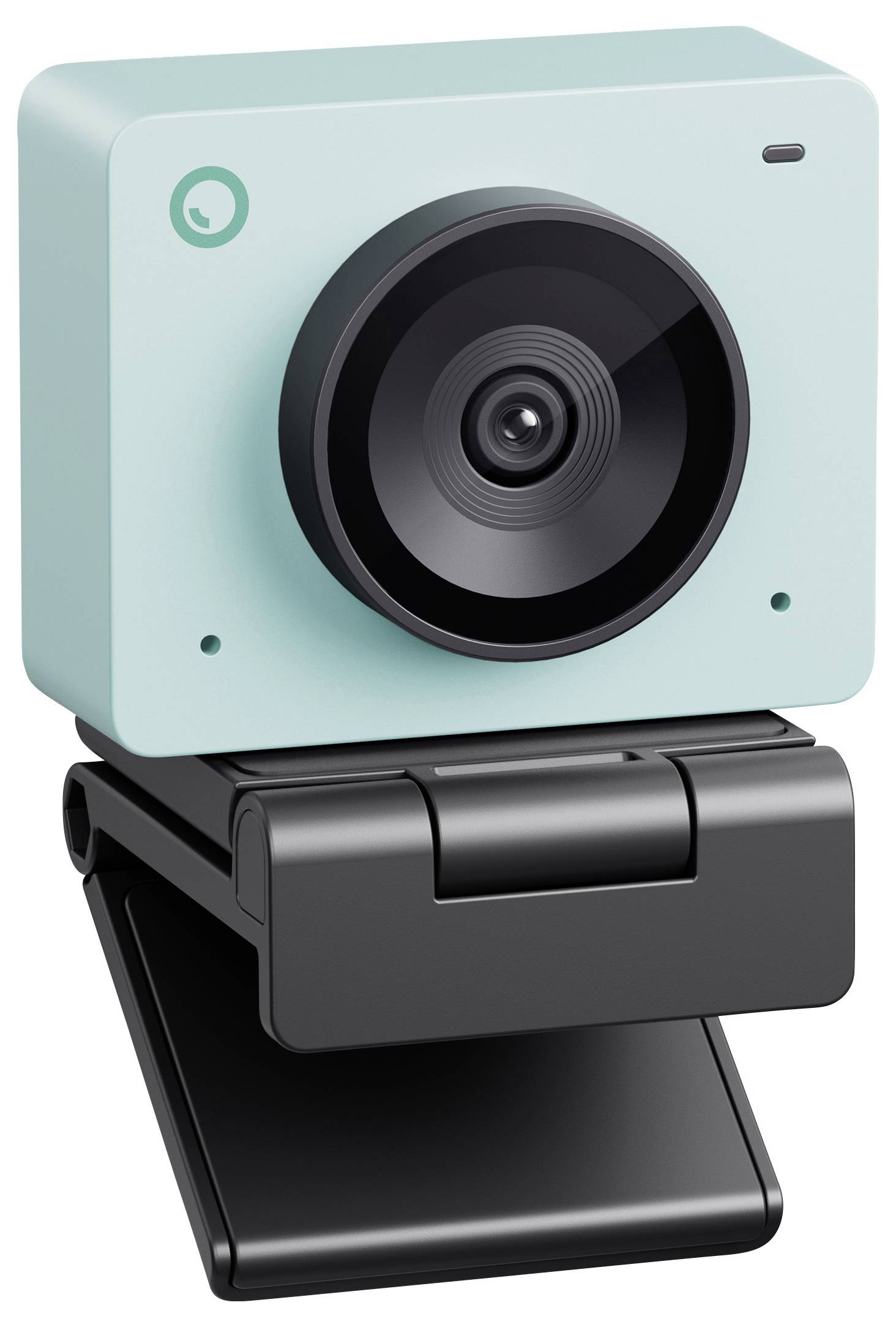 Une petite webcam rectangulaire de couleur turquoise, dotée d'un objectif noir et d'un support, adaptée au montage sur des écrans pour les visioconférences.