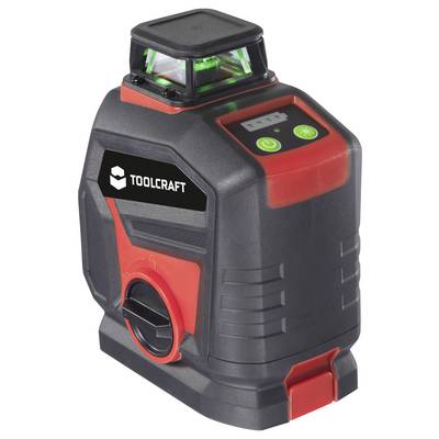 Un laser de ligne Toolcraft noir et rouge avec des témoins de contrôle verts et une sortie cylindrique, utilisé pour des mesures de précision.