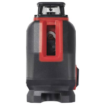 Un appareil de mesure laser rouge et noir avec alignement vertical et horizontal, debout sur un fond gris.
