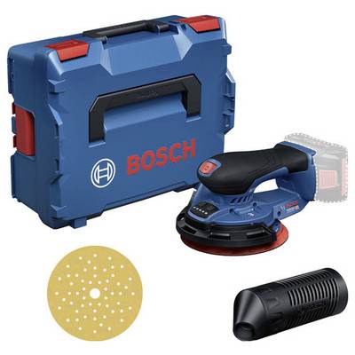 Ponceuse excentrique sans fil avec mallette, plateau de ponçage et filtre à poussière, marque visible. Outil pour travaux de ponçage, transport et rangement.
