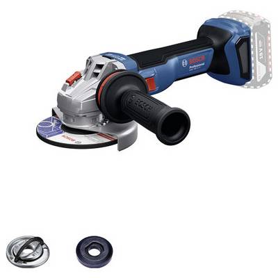 Meuleuse d'angle sans fil Bosch avec boîtier bleu, poignées noires et disque de coupe monté. Accessoires disposés en dessous.
