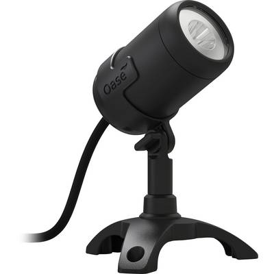 Un projecteur d'extérieur noir avec une base ronde et une tête orientable, relié par un câble, conçu pour l'éclairage de jardin ou d'extérieur.