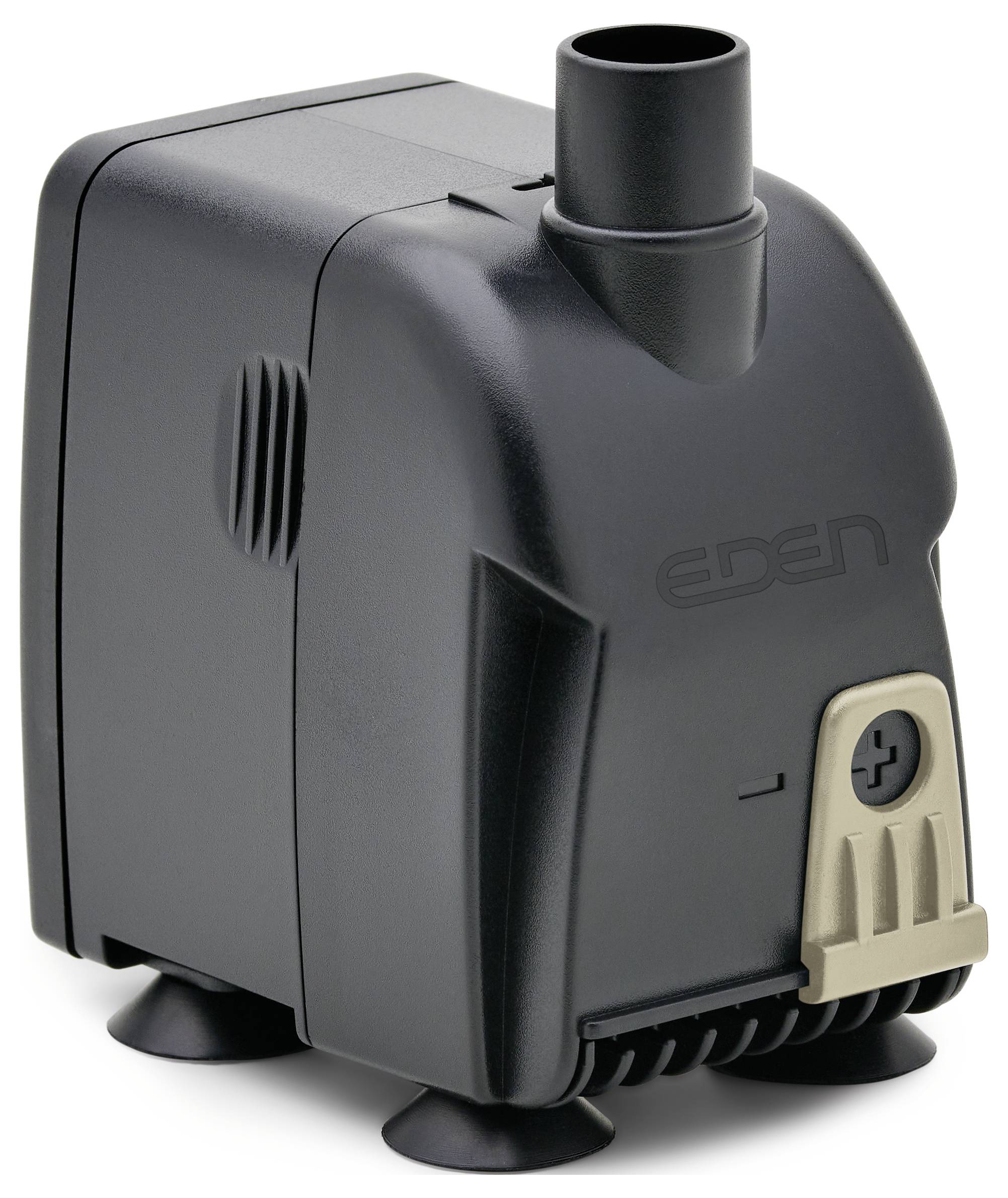 Une pompe à eau compacte, noire, avec un bec vertical sur le dessus et des pieds à ventouse, conçue pour une utilisation dans les aquariums.