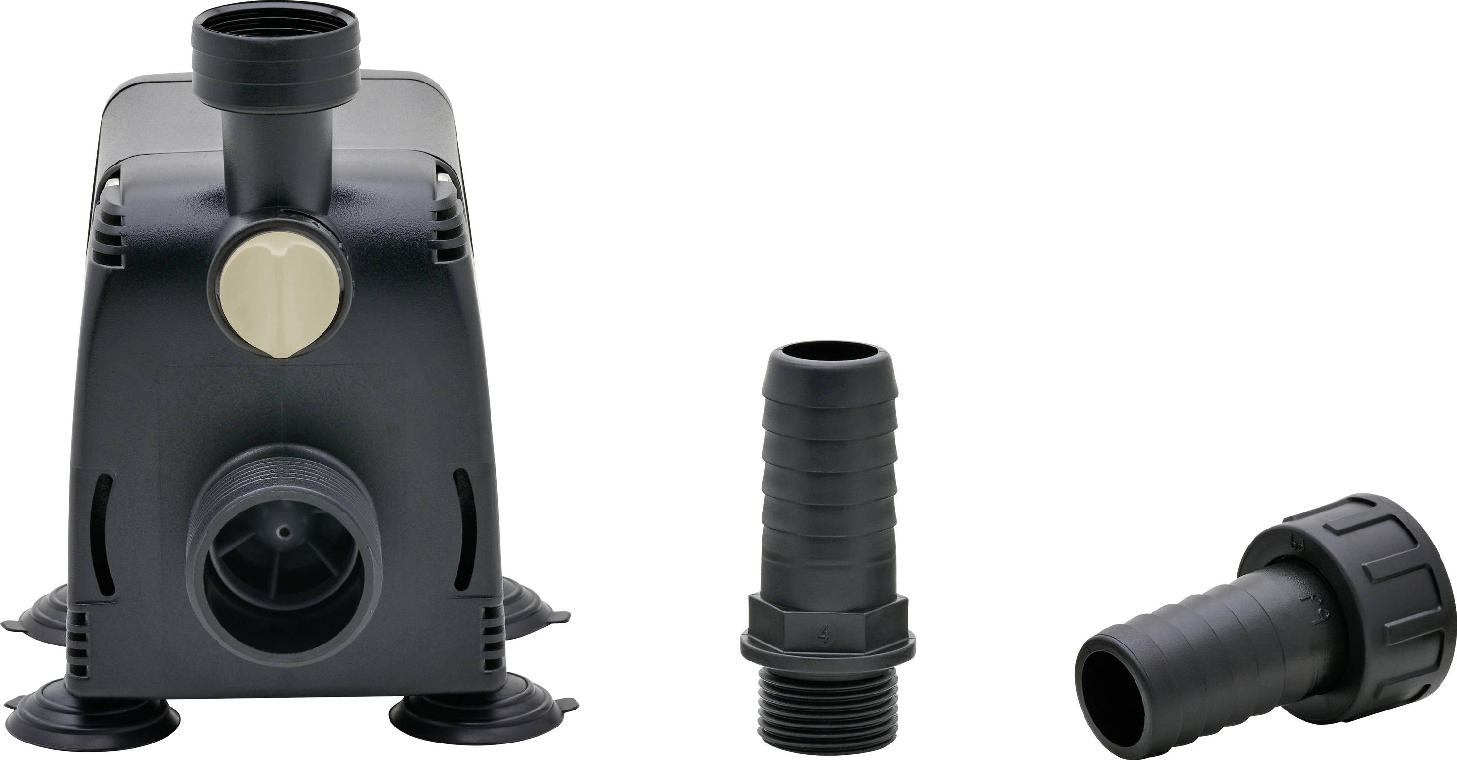 Pompe à eau noire avec bouton beige et deux buses noires détachables pour tuyauterie. La pompe est équipée de quatre ventouses de pieds pour assurer sa stabilité.