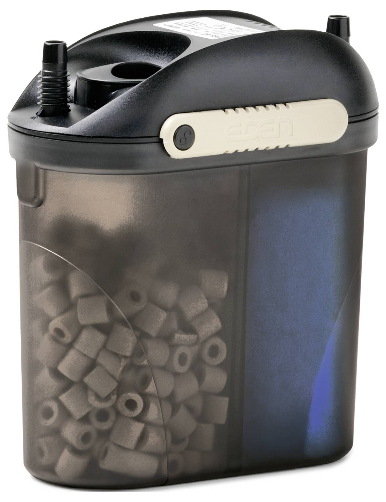 Un système de filtre à cartouche pour aquarium avec un couvercle noir et un corps transparent montrant les médias de filtration à l'intérieur, conçu pour les aquariums.