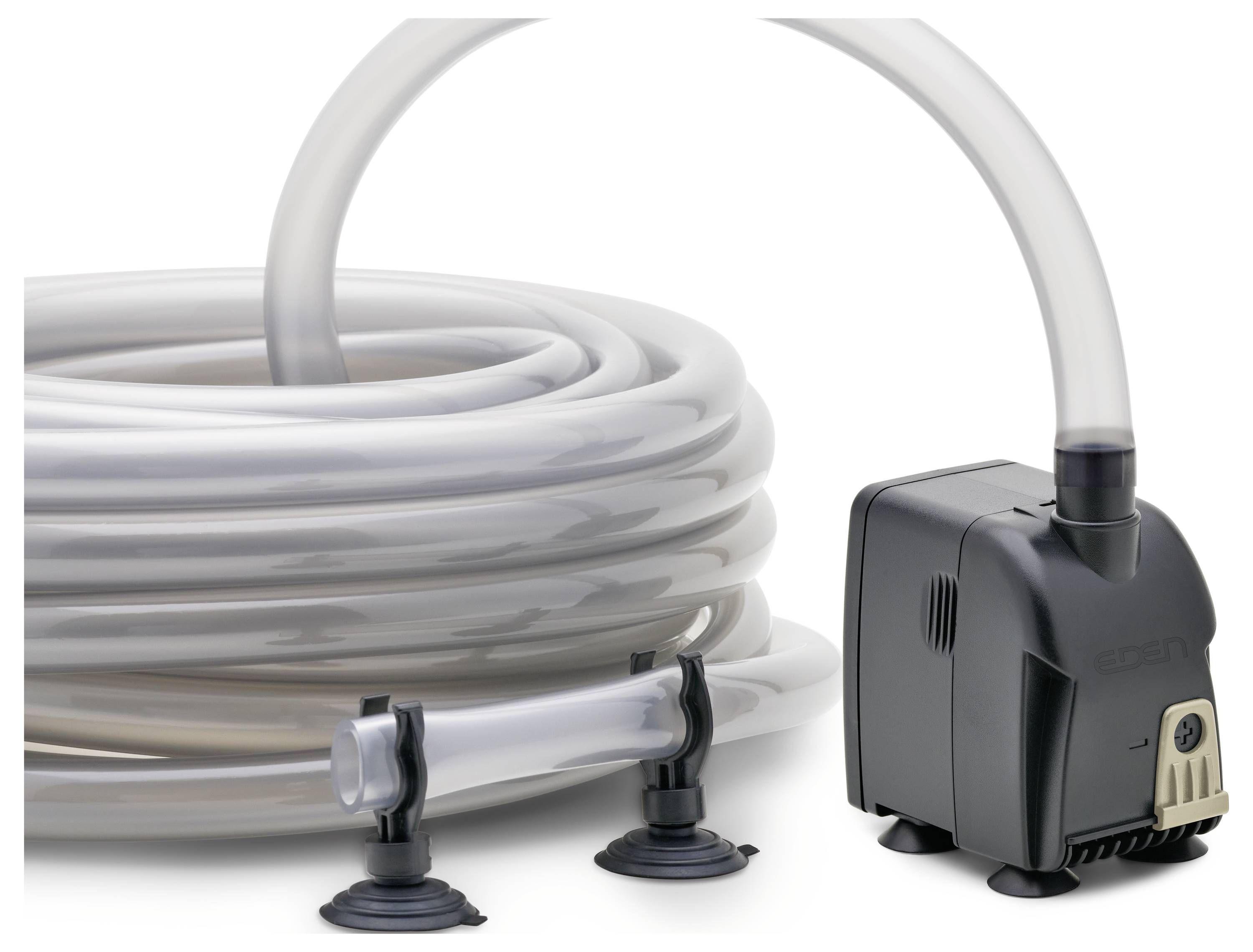 Pompe à eau pour aquarium avec tuyau flexible, deux supports à ventouses pour une installation sécurisée, adaptée aux aquariums ou jardins d'eau.