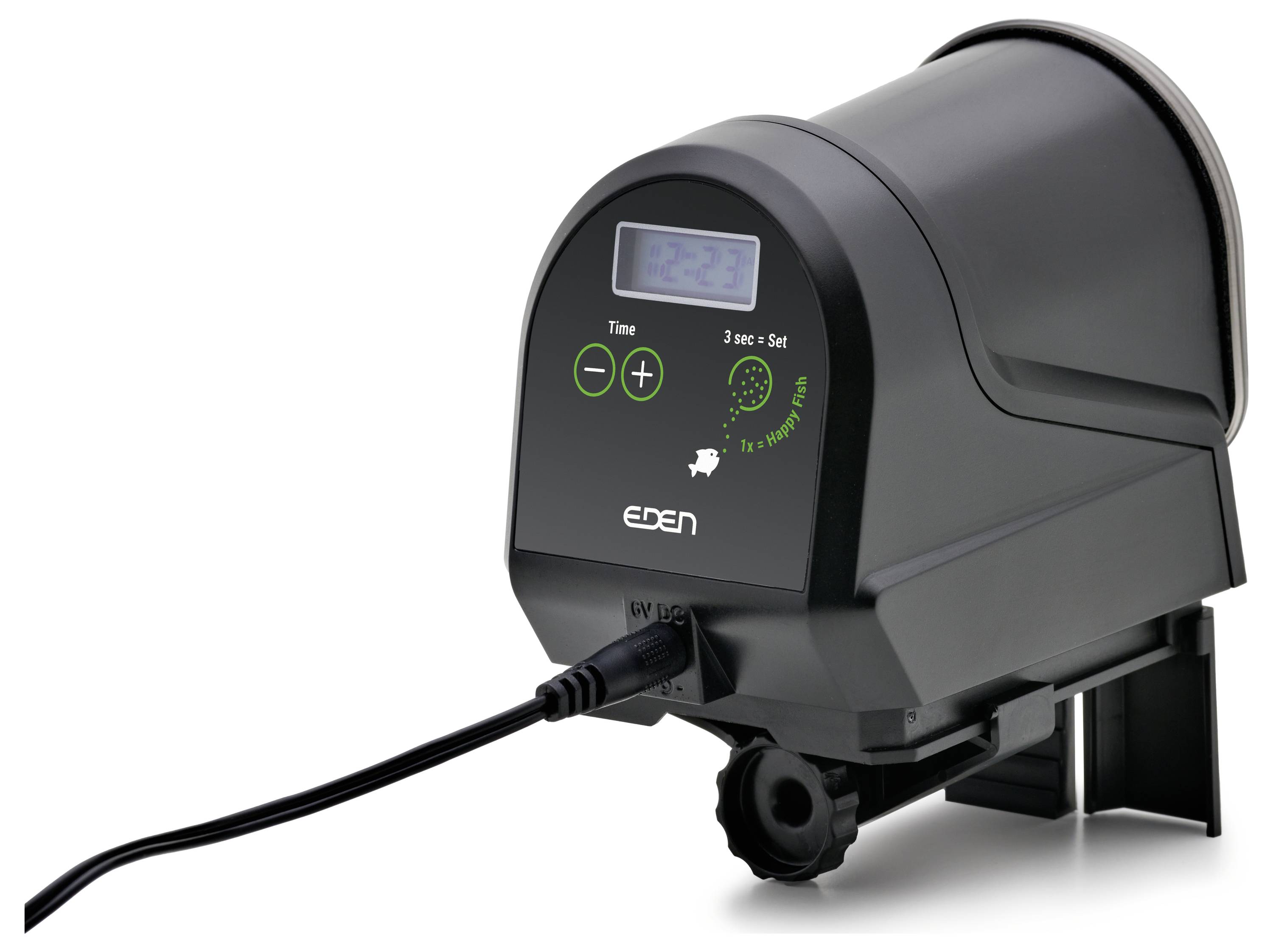 Distributeur automatique de nourriture pour poissons avec écran numérique affichant '12:34', boutons pour régler l'heure et les portions de repas, et un cordon d'alimentation branché.