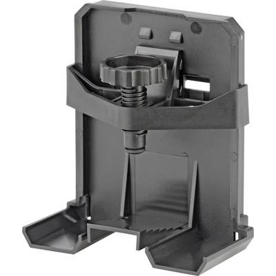 Un support en plastique noir ajustable avec un bouton circulaire pour maintenir et soutenir un objet, conçu pour offrir une stabilité et un réglage facile.