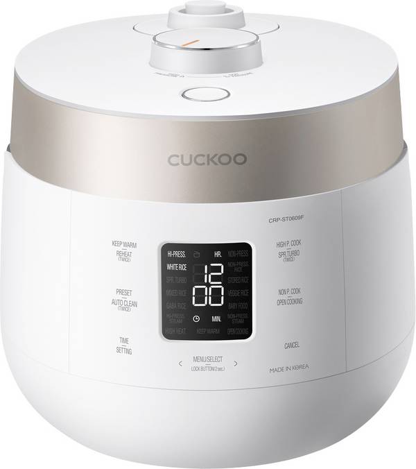 Cuckoo CRP-ST0609F Cuiseur à riz blanc mat, or champagne revêtement anti-adhésif, Écran LCD